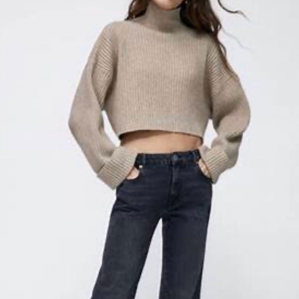 Zara Mock Neck Ribbed Sweater Tan Size - Picture 1 of 10